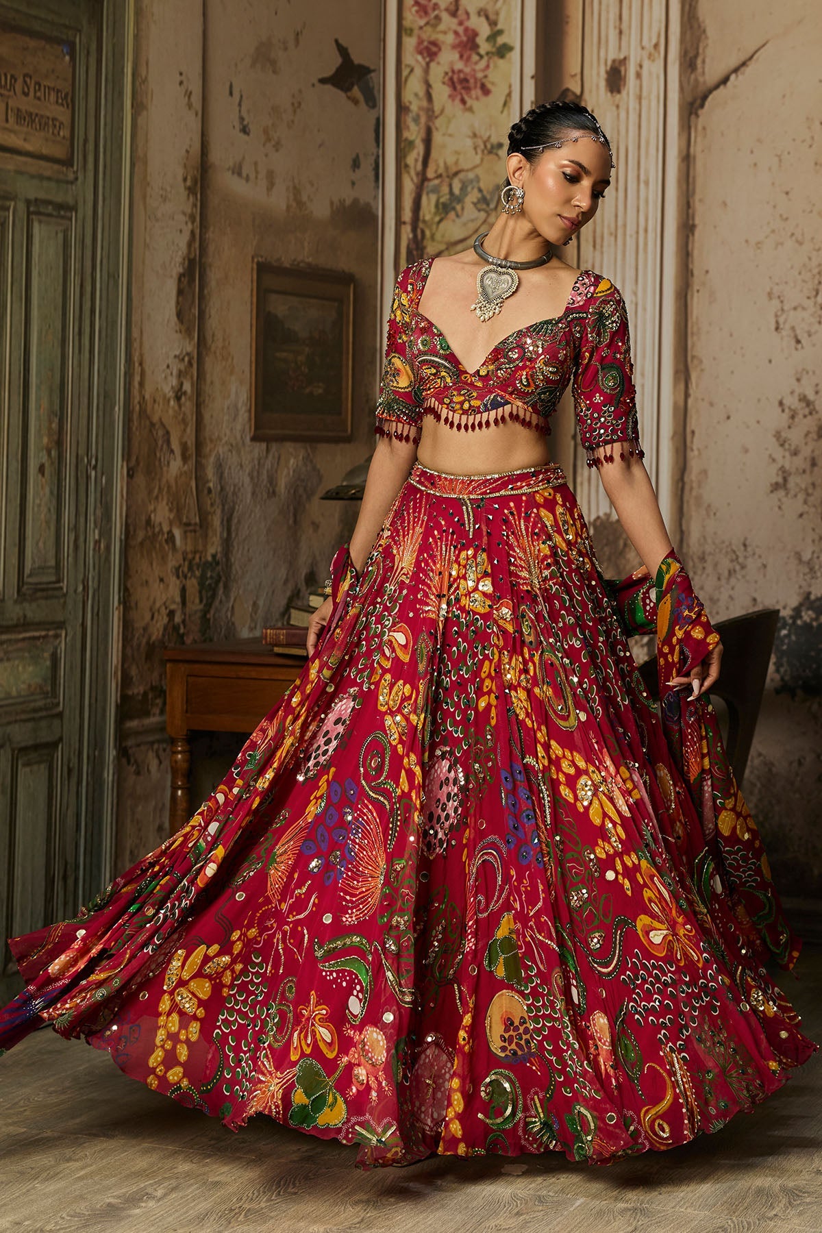 Deep Red Printed And Highlighted Lehenga Set