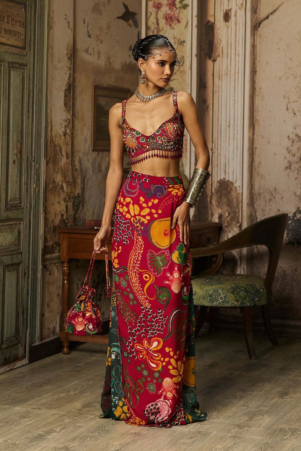 Deep Red Printed And Highlighted Skirt Set