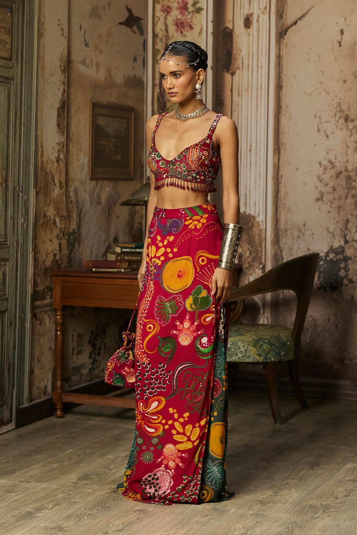 Deep Red Printed And Highlighted Skirt Set