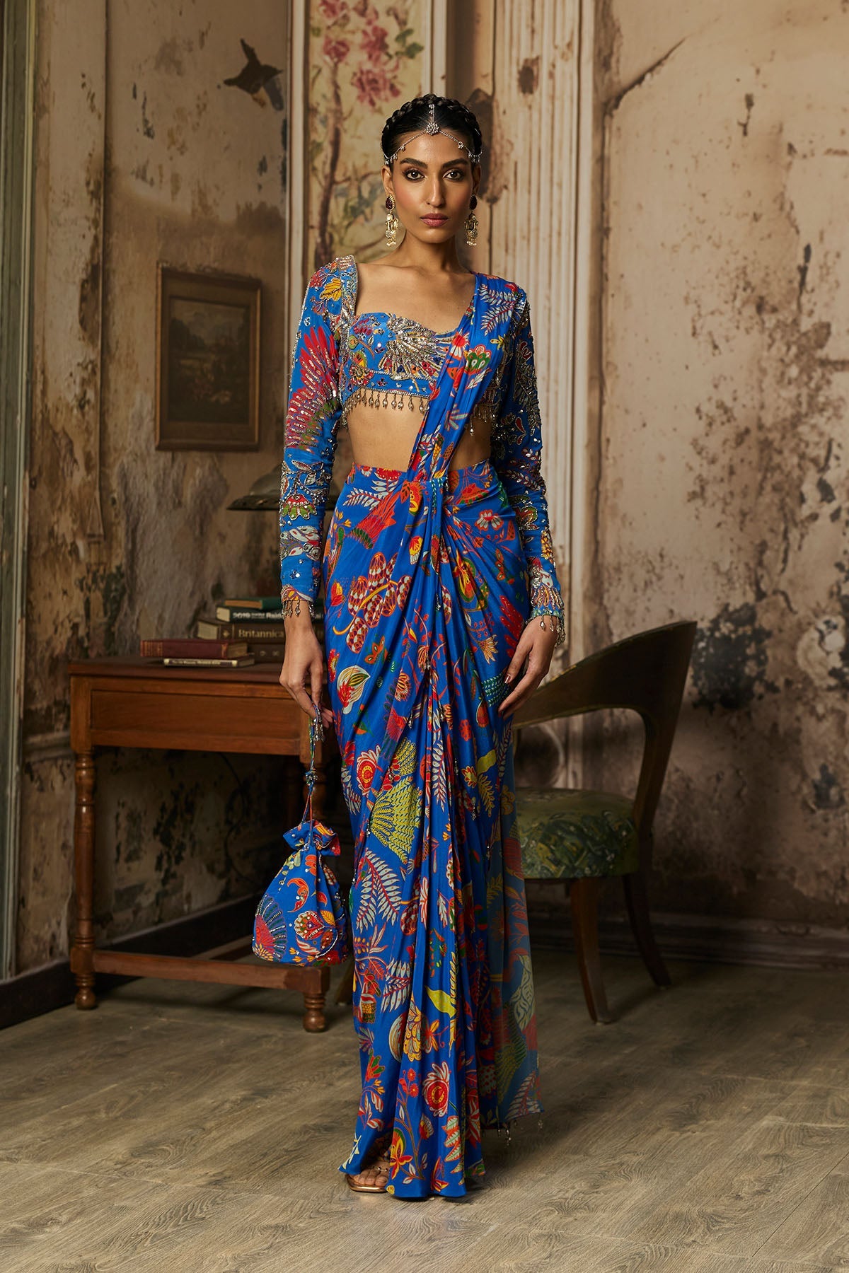 Electric Blue Printed And Highlighted Dhoti Saree