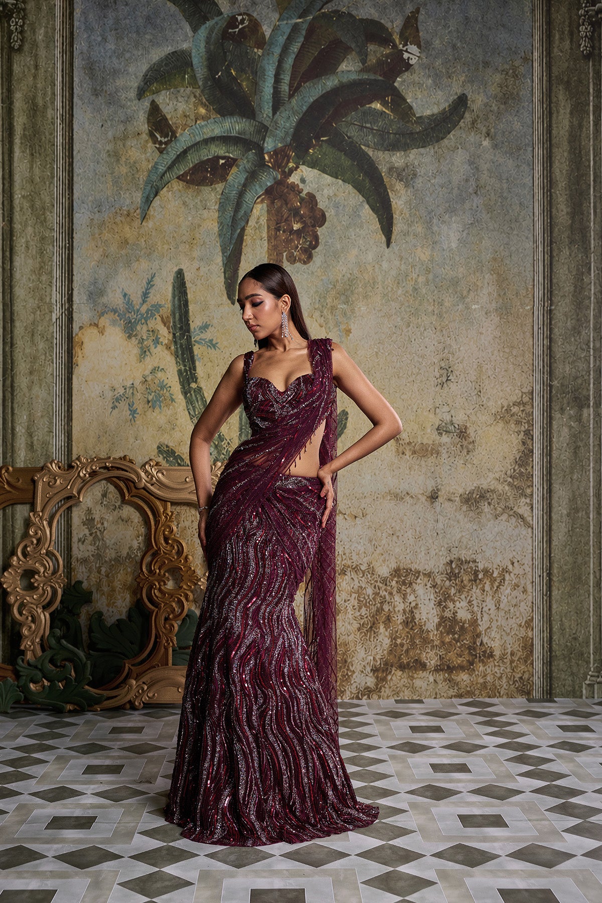 PLUM WAVE EMBELLISHED SAREE SET