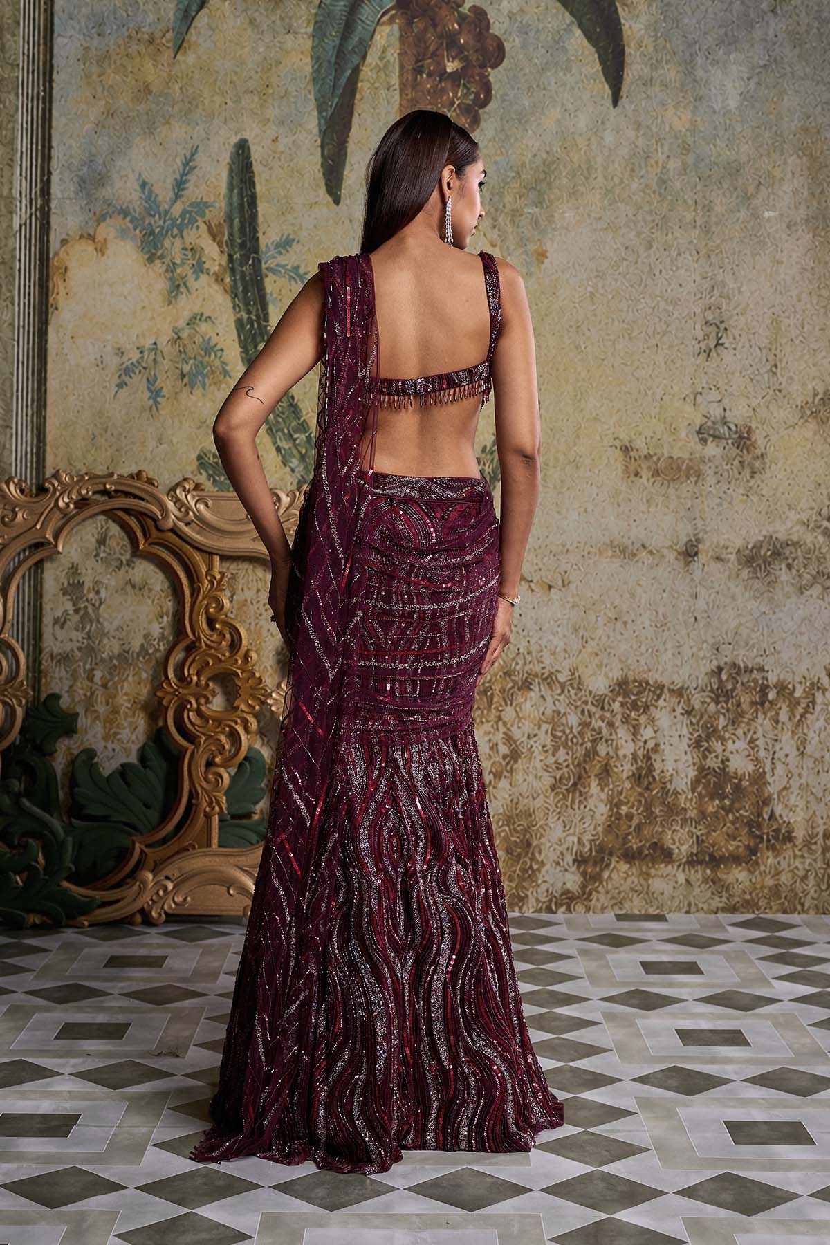 PLUM WAVE EMBELLISHED SAREE SET