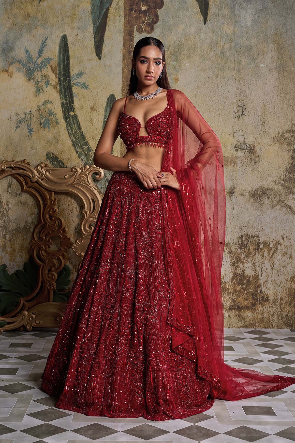 RED EMBELLISHED LEHENGA SET