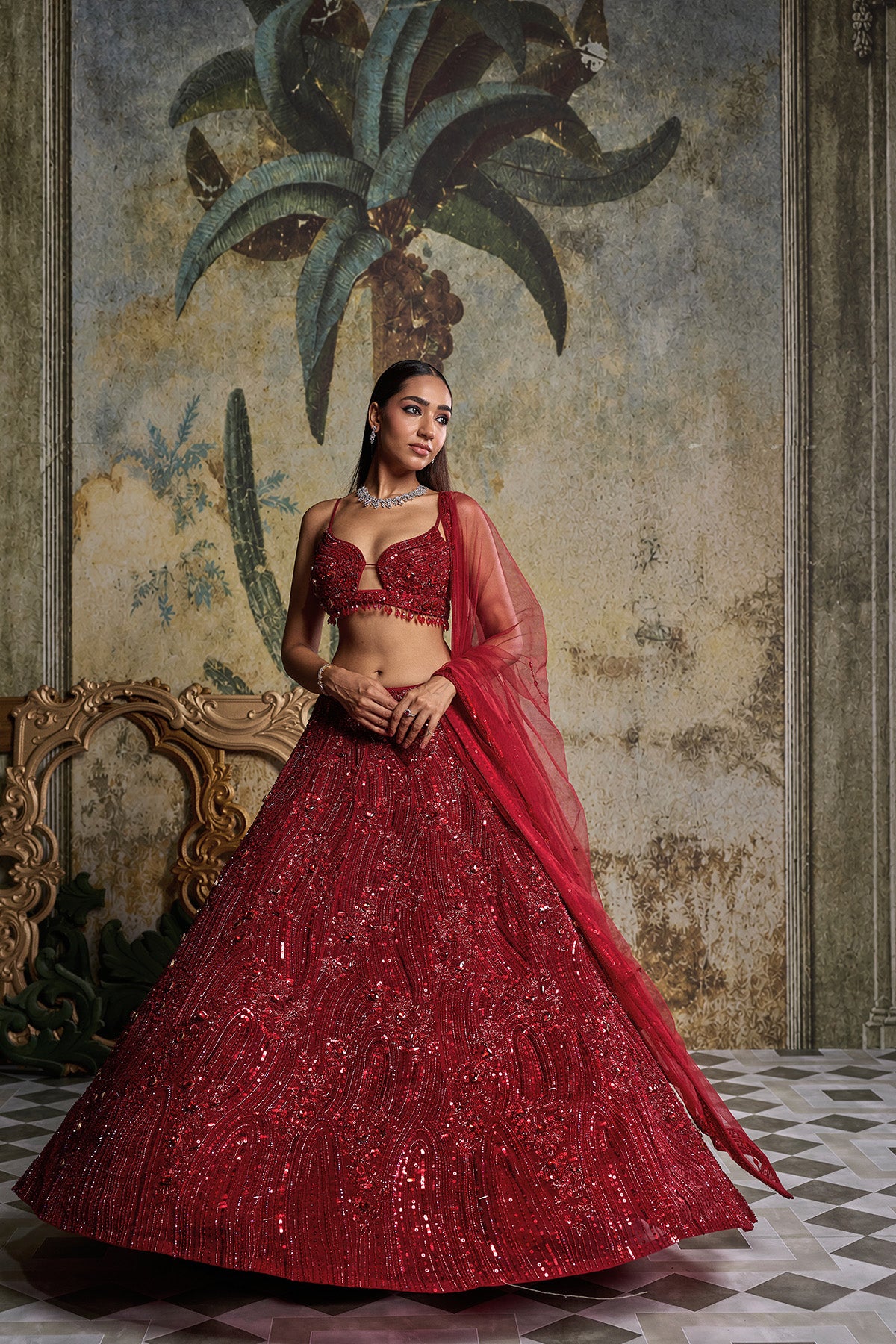 RED EMBELLISHED LEHENGA SET