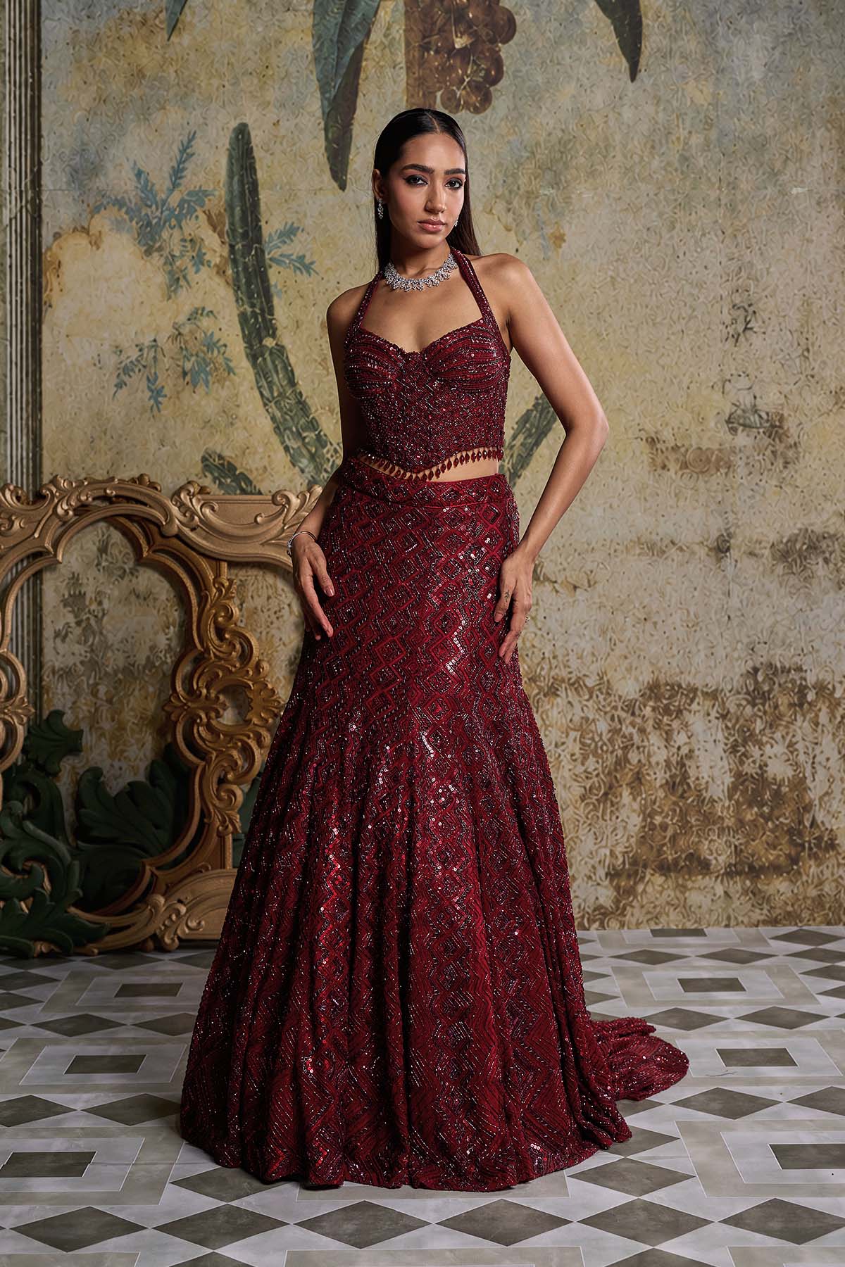 MAROON EMBELLISHED MERMIAD SET