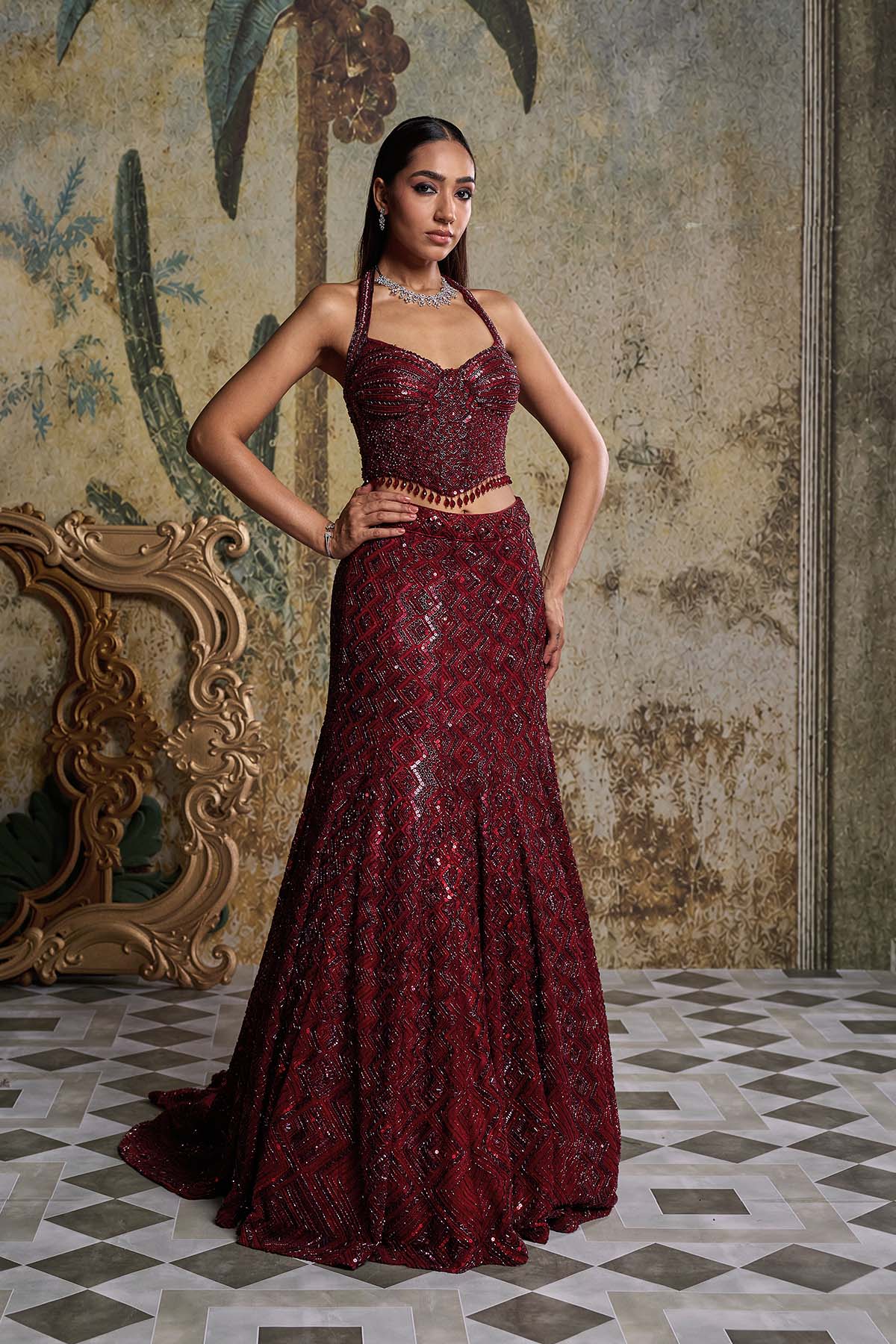 MAROON EMBELLISHED MERMIAD SET