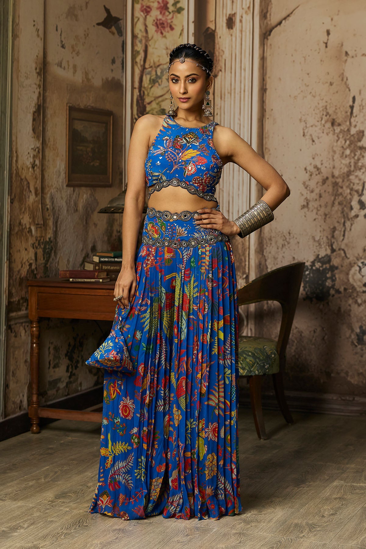 Electric Blue Printed And Highlighted Sharara Set