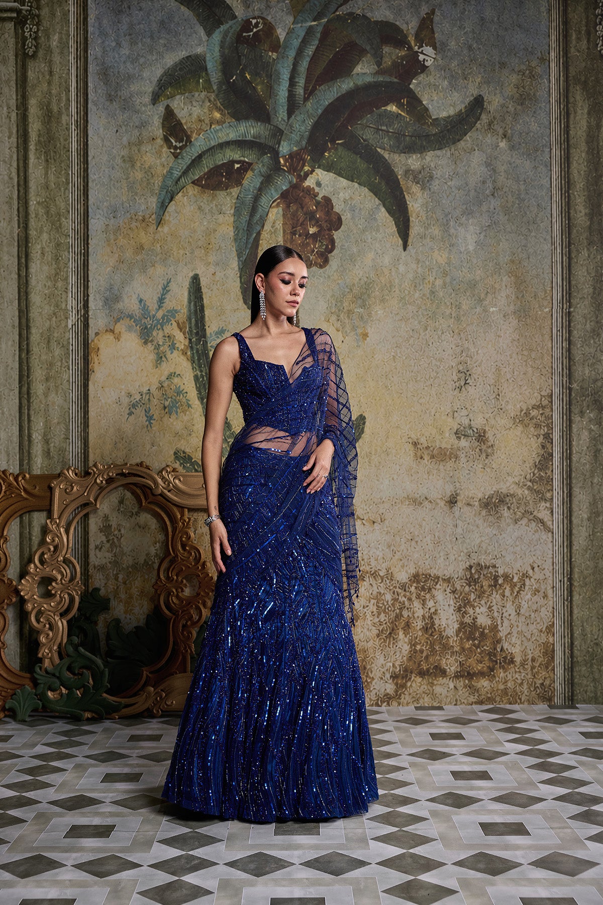 ELECTRIC BLUE EMBELLISHED SAREE SET