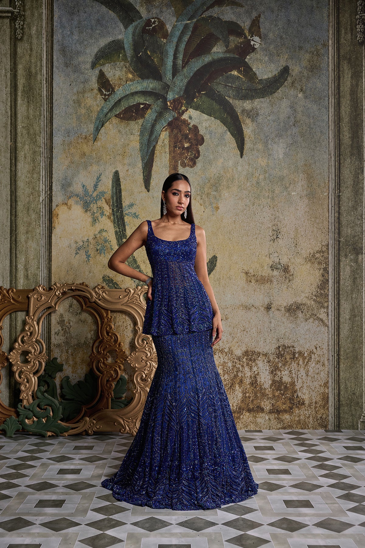 TEAL BLUE EMBELLISHED MERMAID SKIRT SET