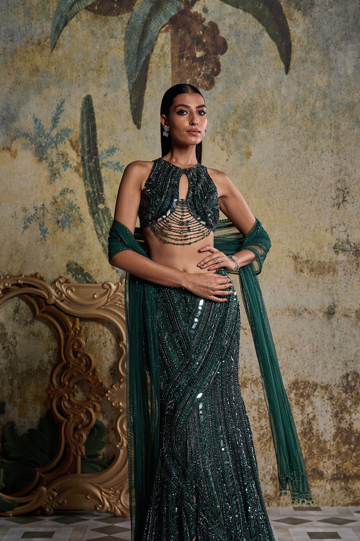 EMERALD GREEN EMBELLISHED MERMAID SKIRT SET