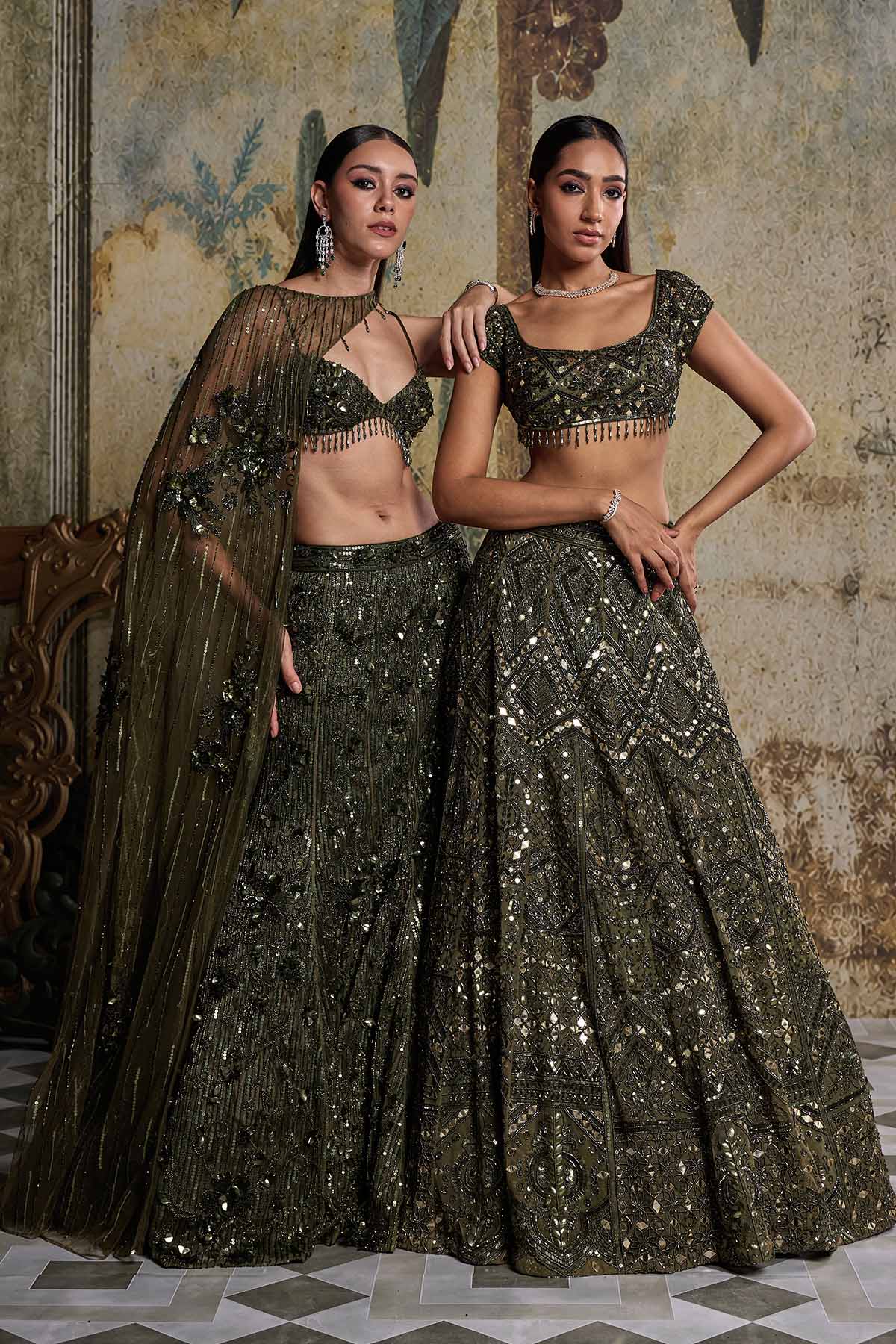 EARTHY GREEN EMBELLISHED CAPE MERMAID SET