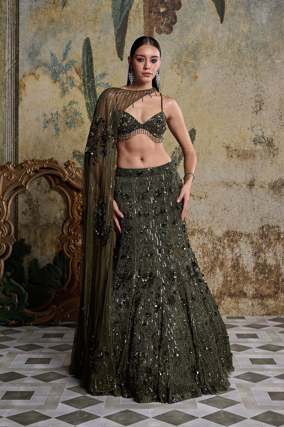 EARTHY GREEN EMBELLISHED CAPE MERMAID SET