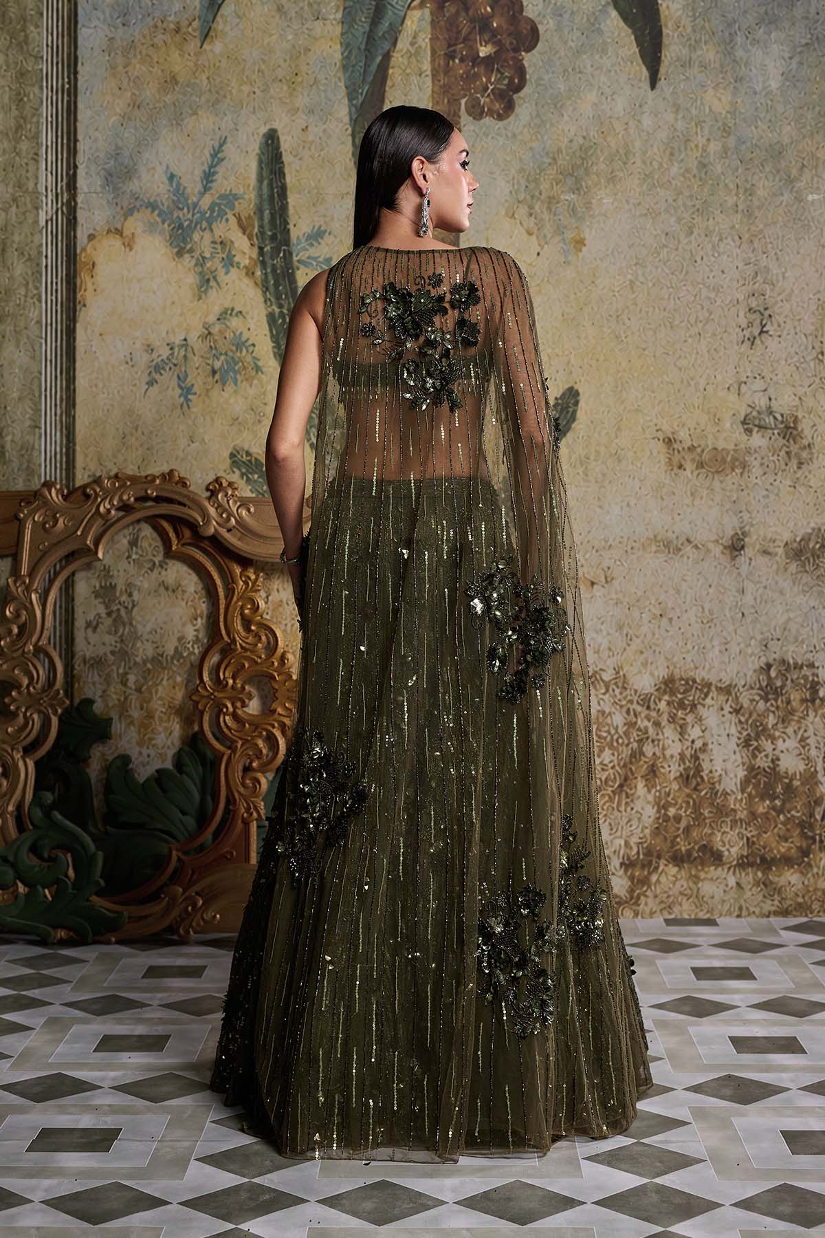 EARTHY GREEN EMBELLISHED CAPE MERMAID SET