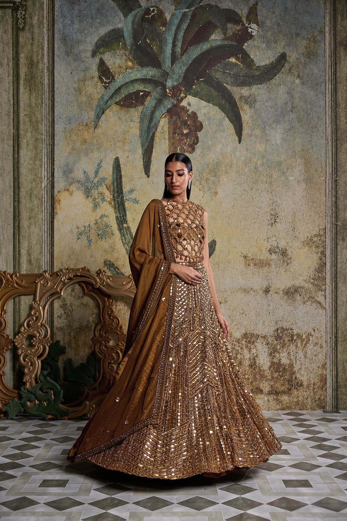 ANTIQUE GOLD EMBELLISHED LEHENGA SET