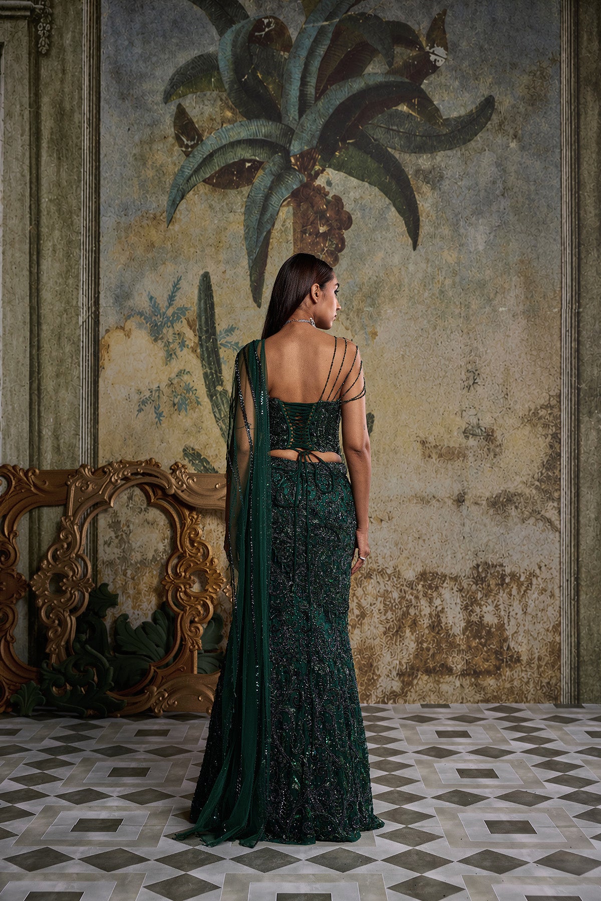 BOTTLE GREEN EMBELLISHED CORSET SAREE SET