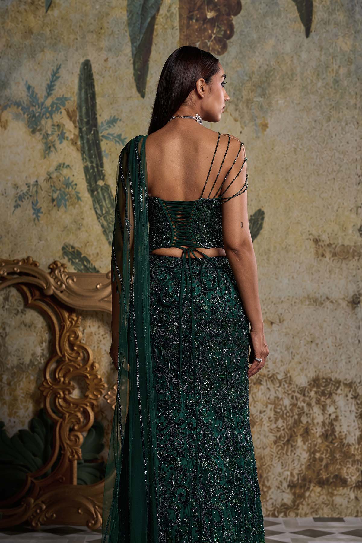 BOTTLE GREEN EMBELLISHED CORSET SAREE SET
