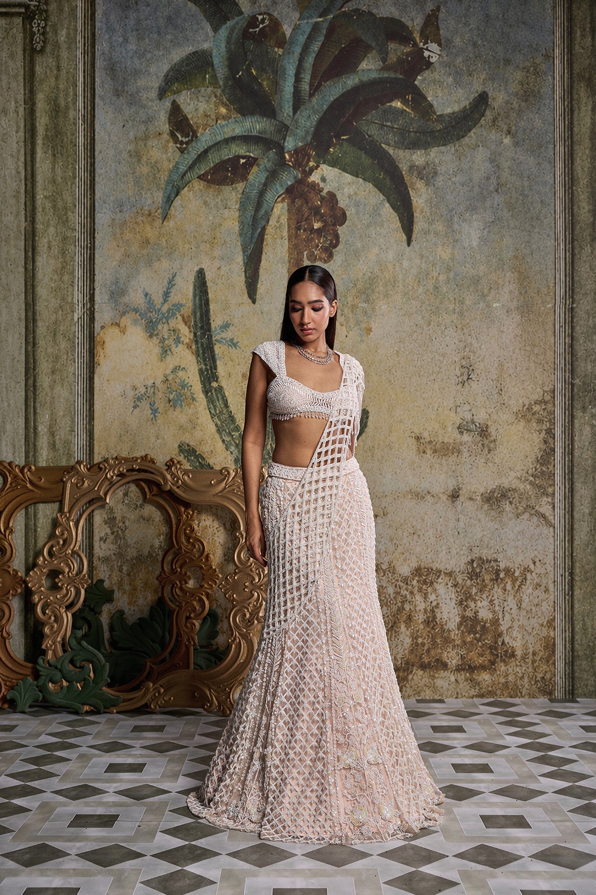 IVORY CUTWORK DRAPE EMBELLISHED SAREE SET