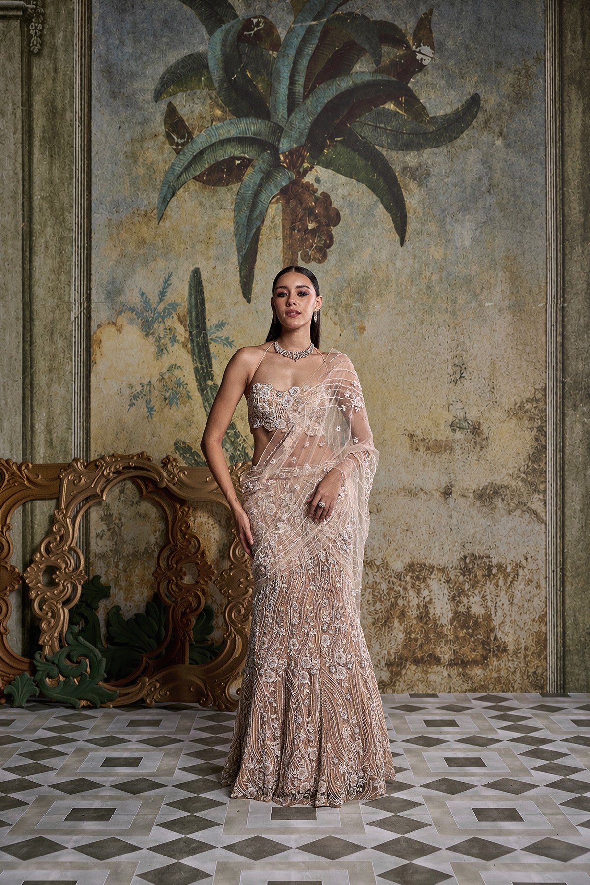 BEIGE & IVORY 3-D FLORAL EMBELLISHED SAREE SET