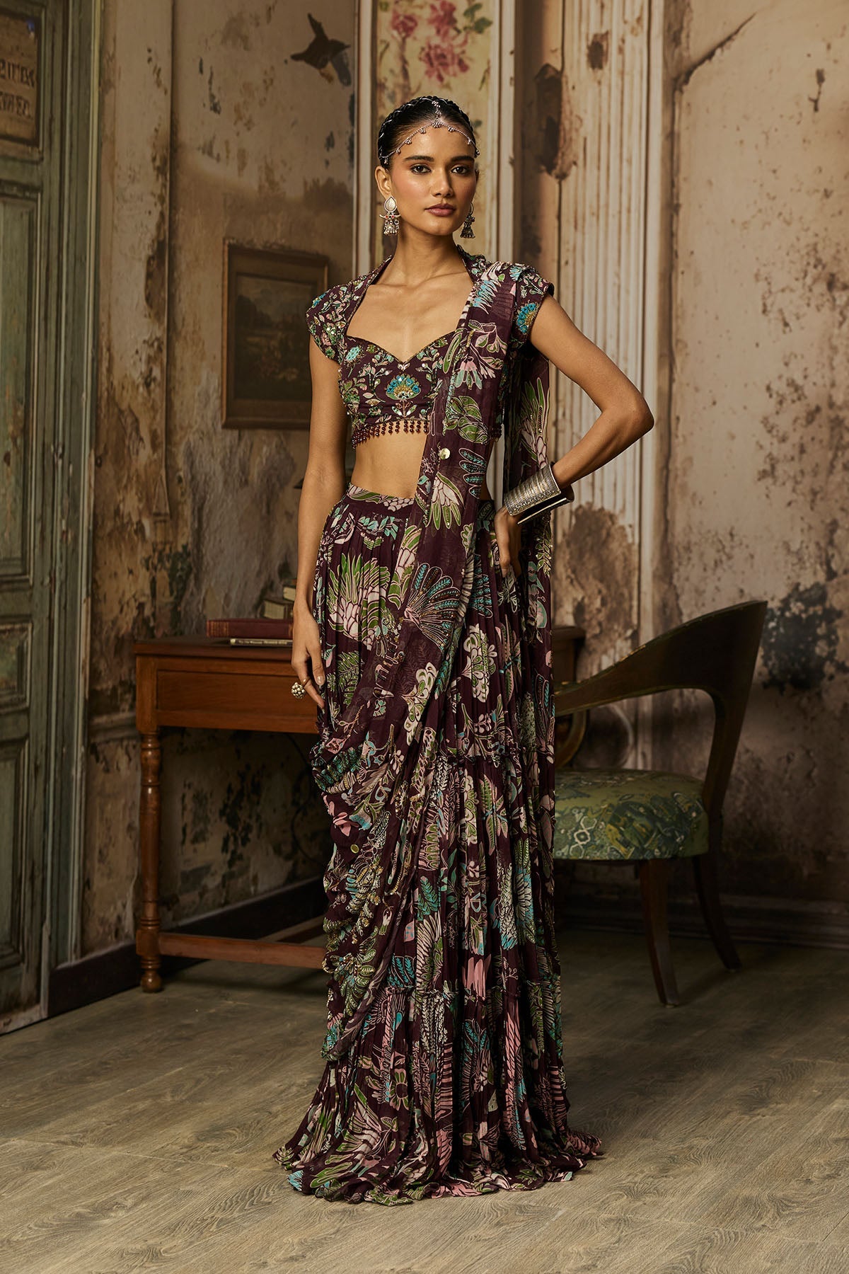 Plum Print And Highighted Tiered Skirt Saree Set