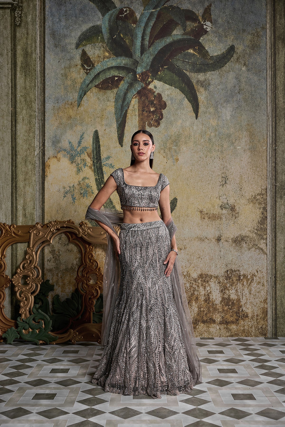 GREY GUNMETAL EMBELLISHED MERMAID SKIRT SET