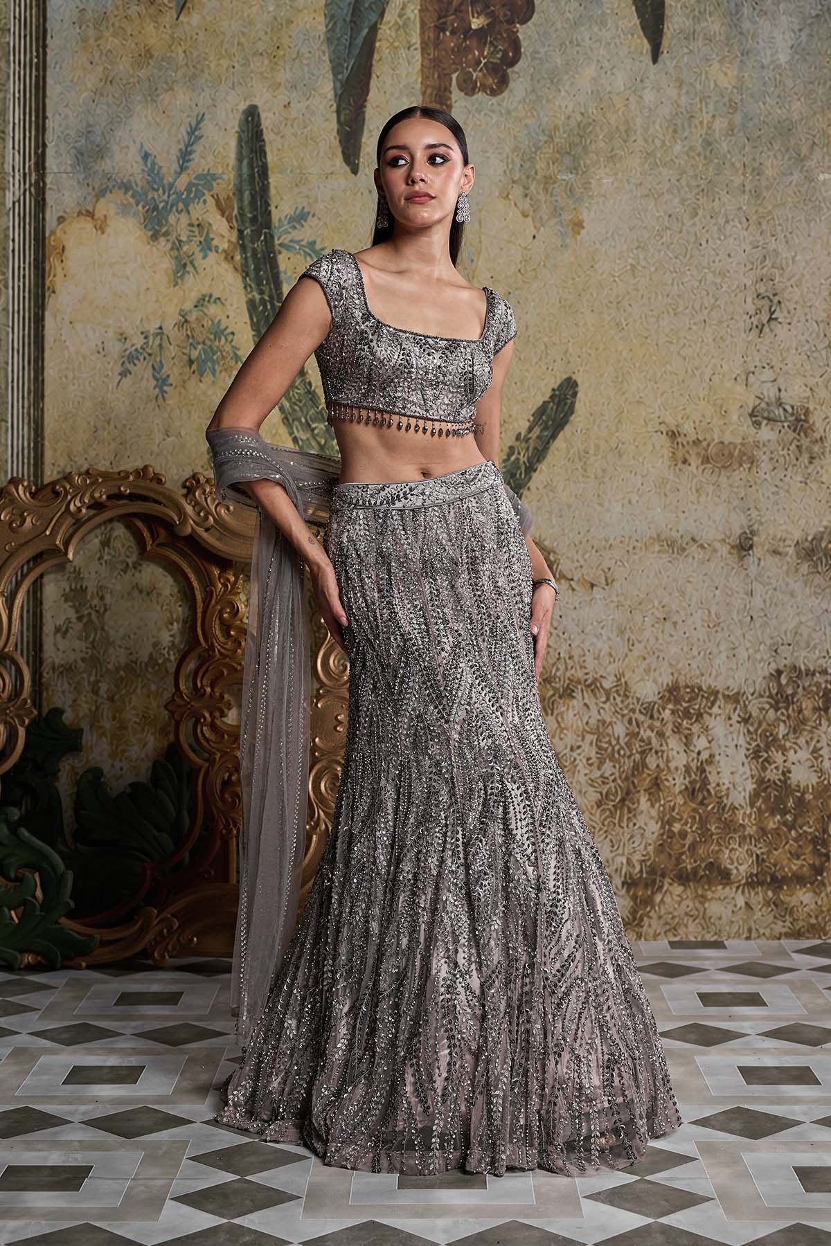 GREY GUNMETAL EMBELLISHED MERMAID SKIRT SET