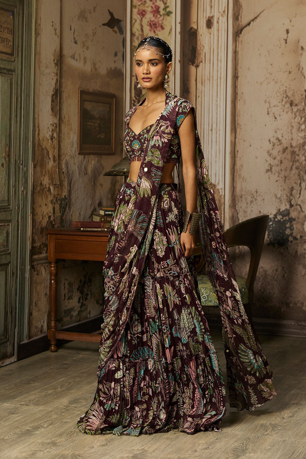 Plum Print And Highighted Tiered Skirt Saree Set