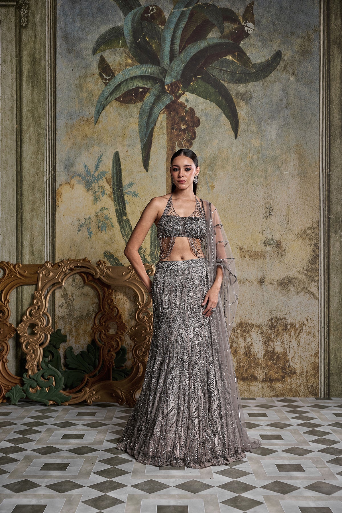 GREY GUNMETAL EMBELLISHED MERMAID SKIRT SET