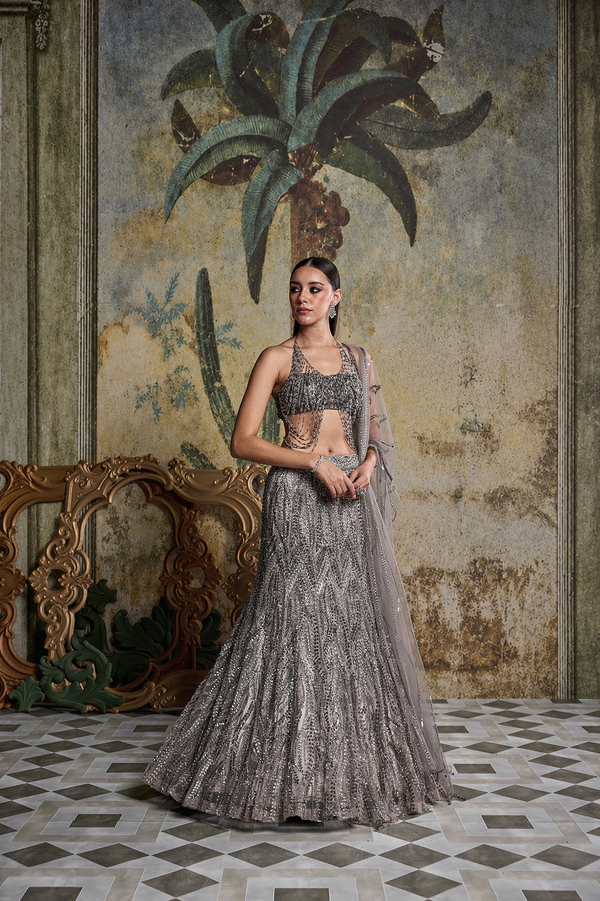 GREY GUNMETAL EMBELLISHED MERMAID SKIRT SET