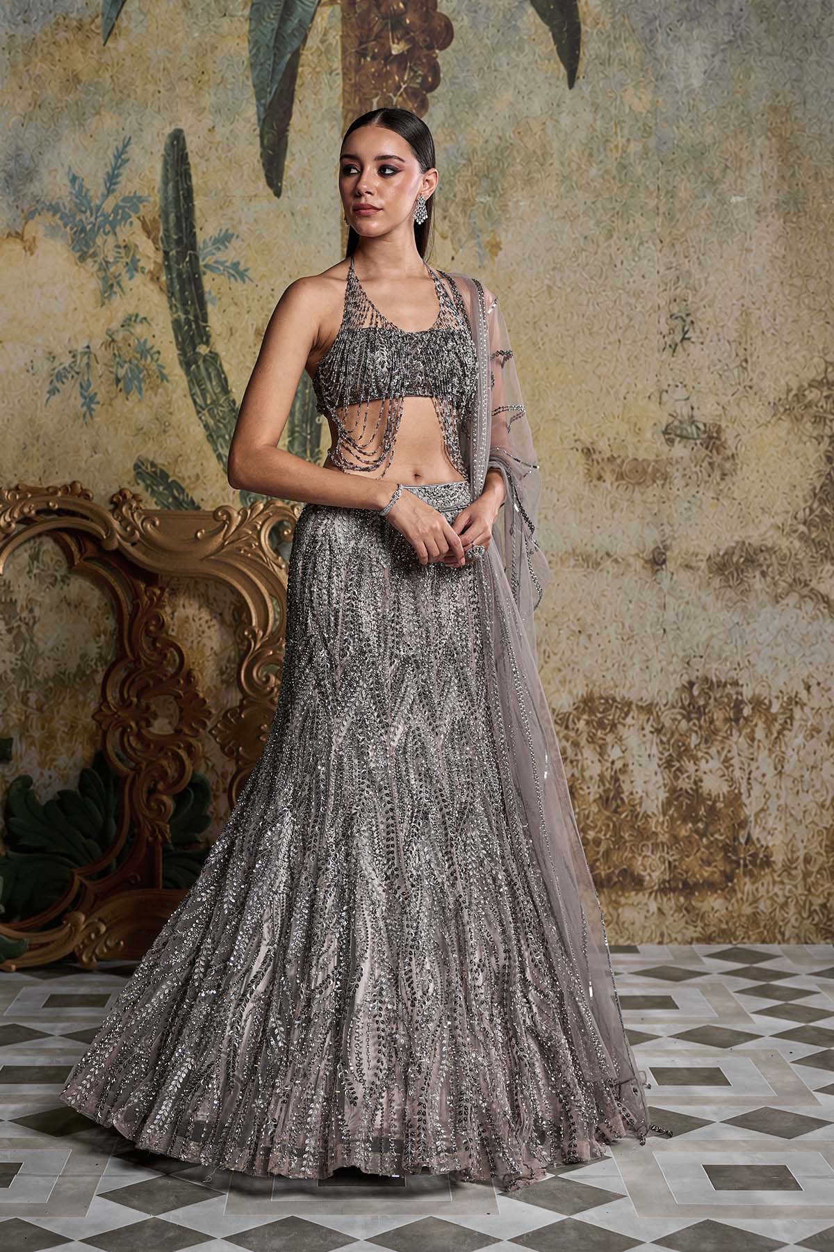GREY GUNMETAL EMBELLISHED MERMAID SKIRT SET