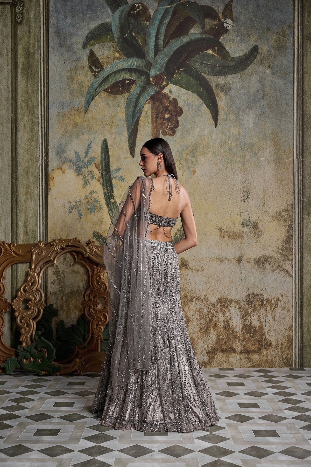 GREY GUNMETAL EMBELLISHED MERMAID SKIRT SET