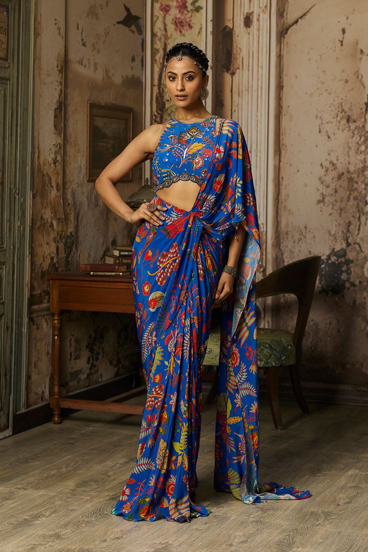 Electric Blue Printed And Highlighted Dhoti Skirt Saree Set