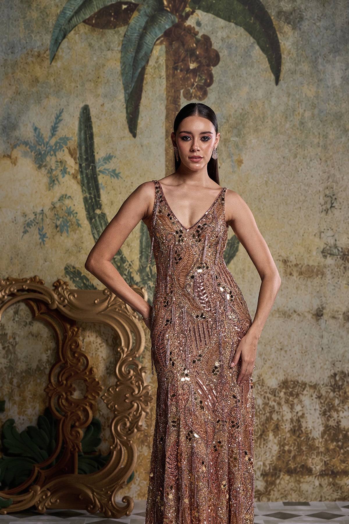 ROSE GOLD ABSTARCT ACRYLIC EMBELLISHED GOWN