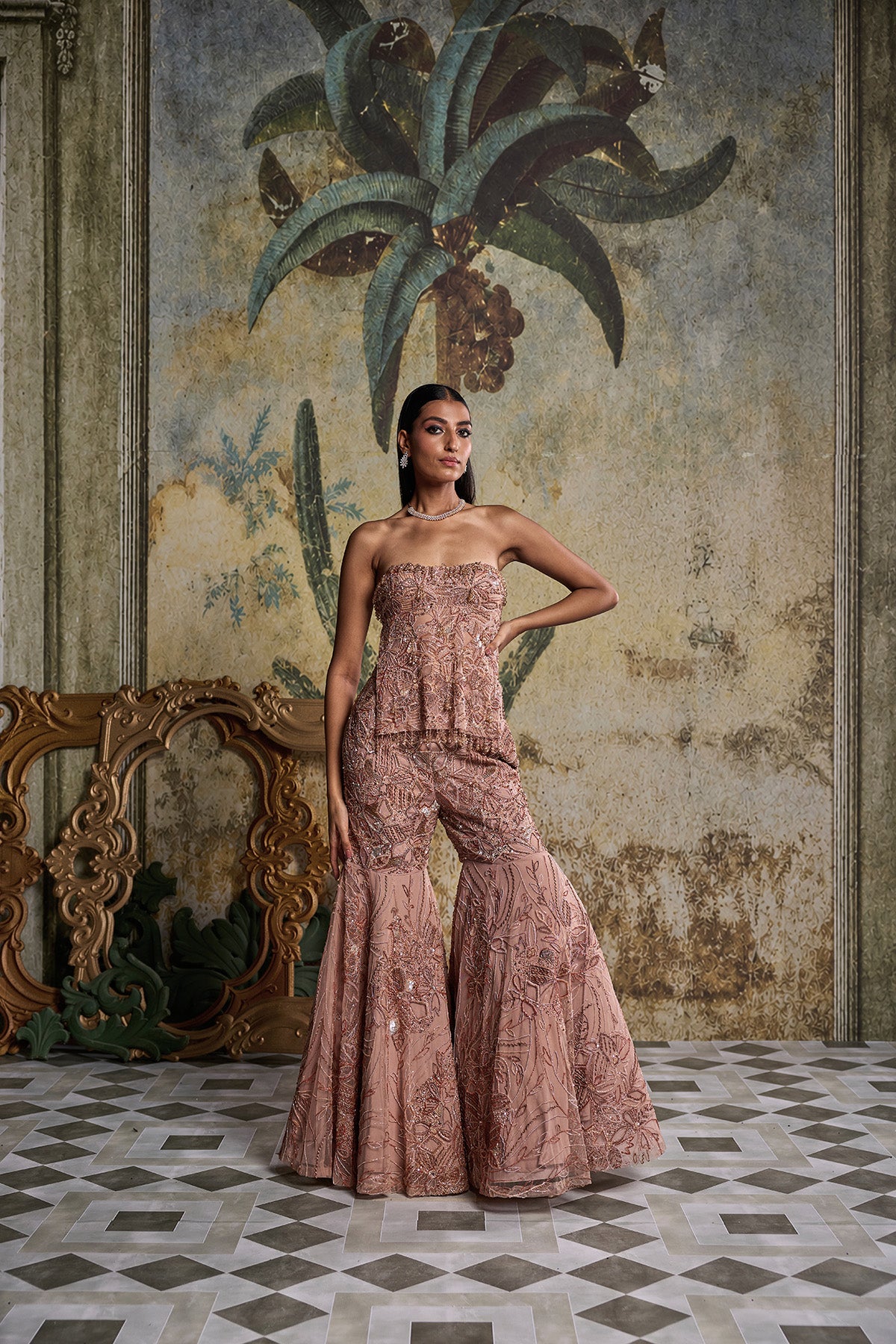 ROSE GOLD ABSTRACT FLORAL EMBELLISHED KURTI SET