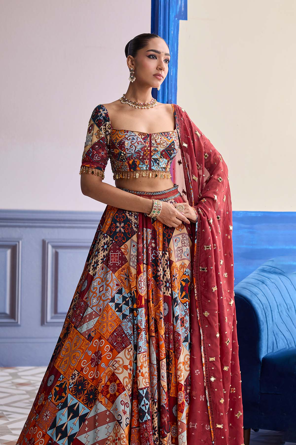 RUST HIGHLIGHTED BLOUSE WITH LEHENGA & EMBROIDERED DUPATTA SET