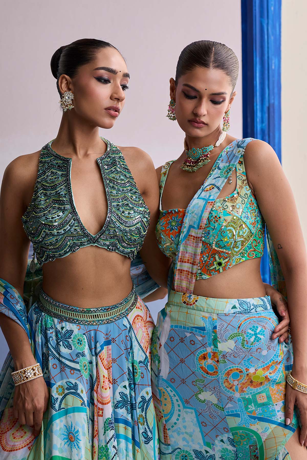 AQUA BLUE EMBROIDERED BLOUSE WITH PRINTED LEHENGA & TASSEL DUPATTA SET