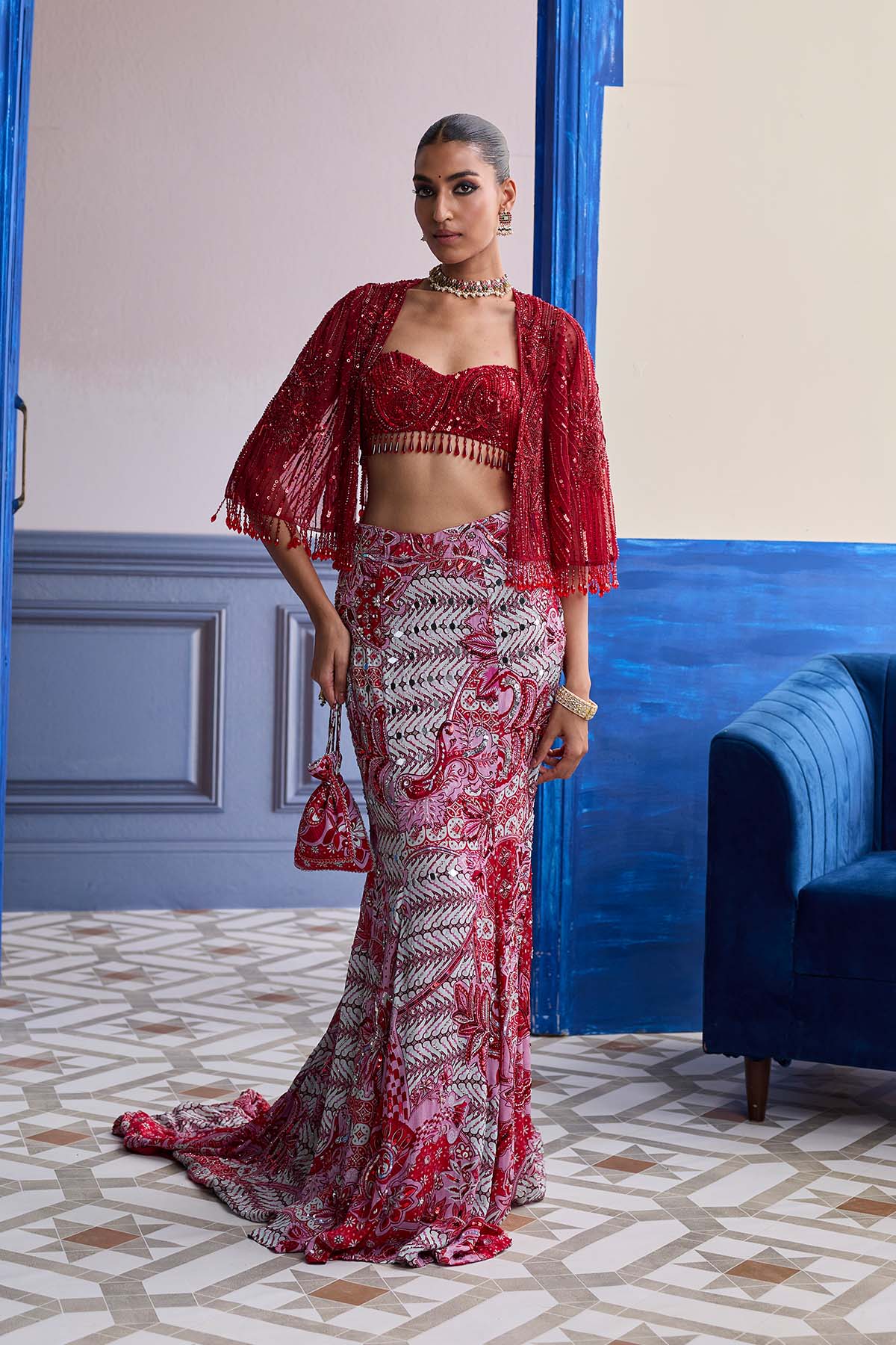 RED EMBROIDERED BLOUSE WITH TASSEL CAPE JACKET & MERMAID SKIRT SET