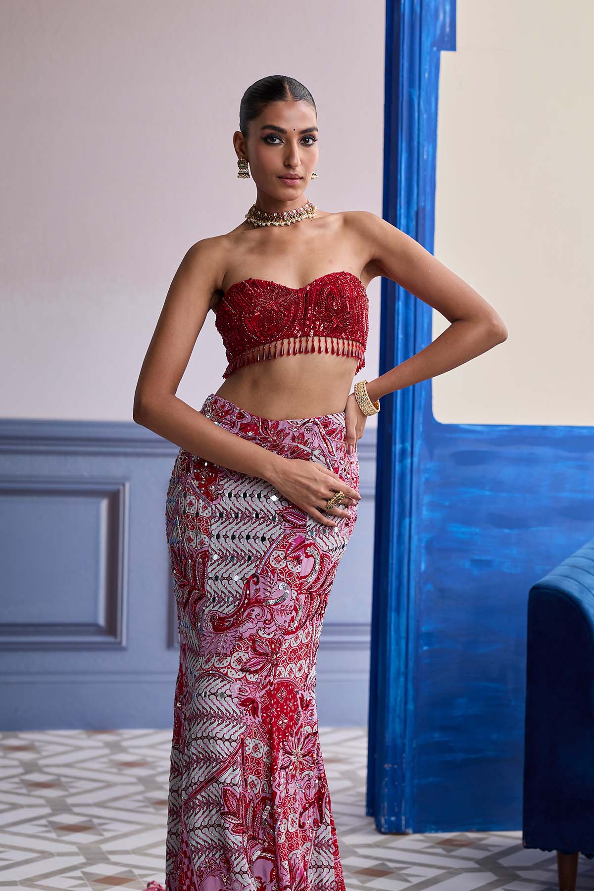 RED EMBROIDERED BLOUSE WITH TASSEL CAPE JACKET & MERMAID SKIRT SET