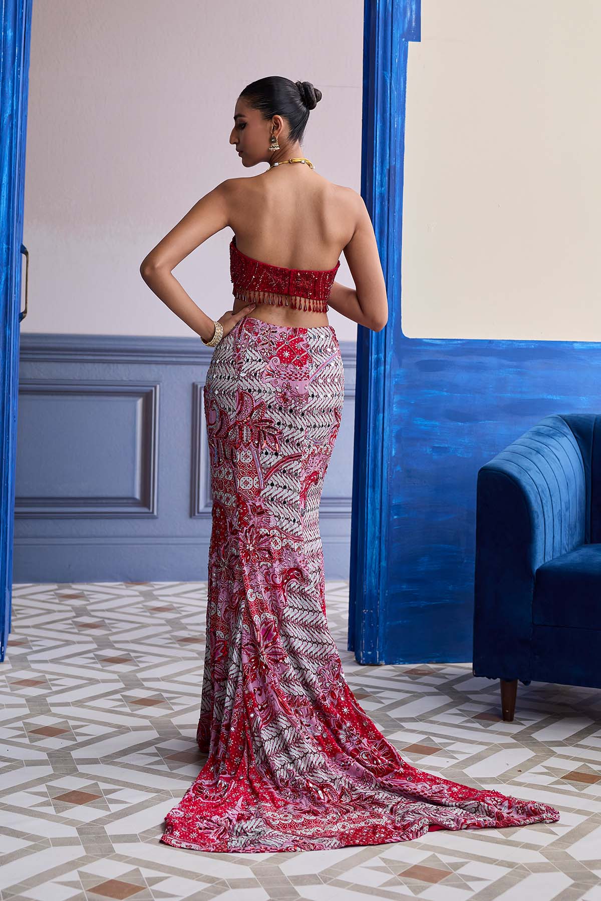 RED EMBROIDERED BLOUSE WITH TASSEL CAPE JACKET & MERMAID SKIRT SET
