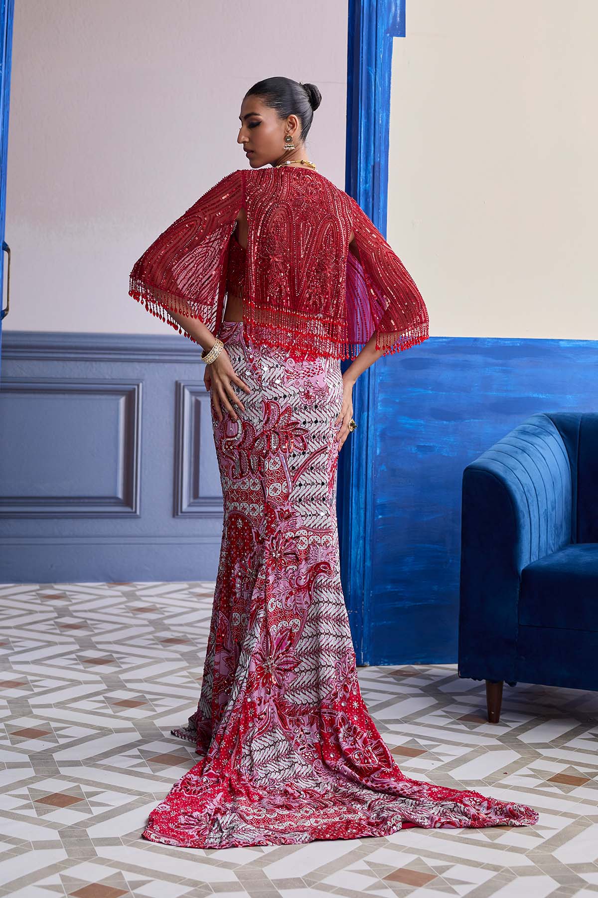 RED EMBROIDERED BLOUSE WITH TASSEL CAPE JACKET & MERMAID SKIRT SET