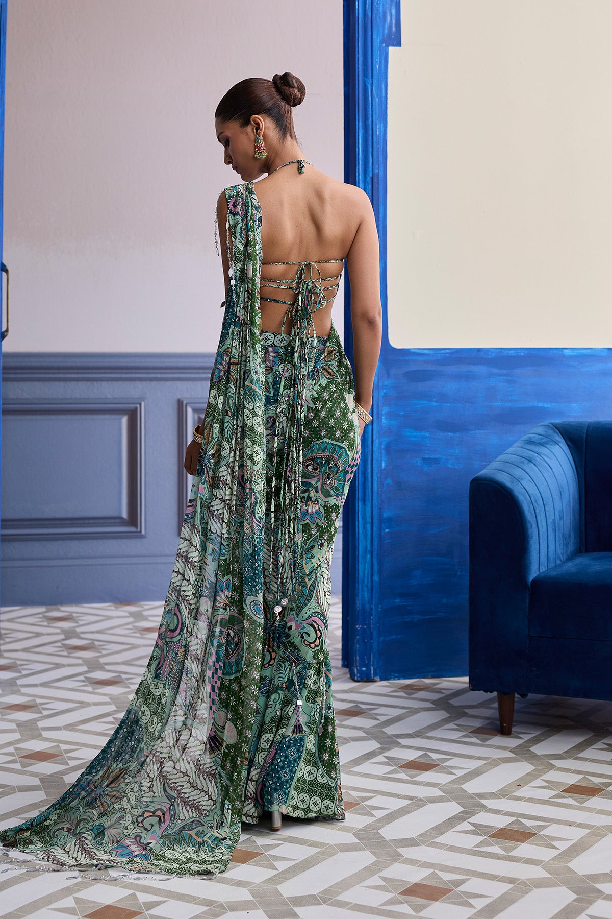 JEWELED GREEN FLORAL BLOUSE WITH SLIT SAREE & TASSEL DRAPE SET