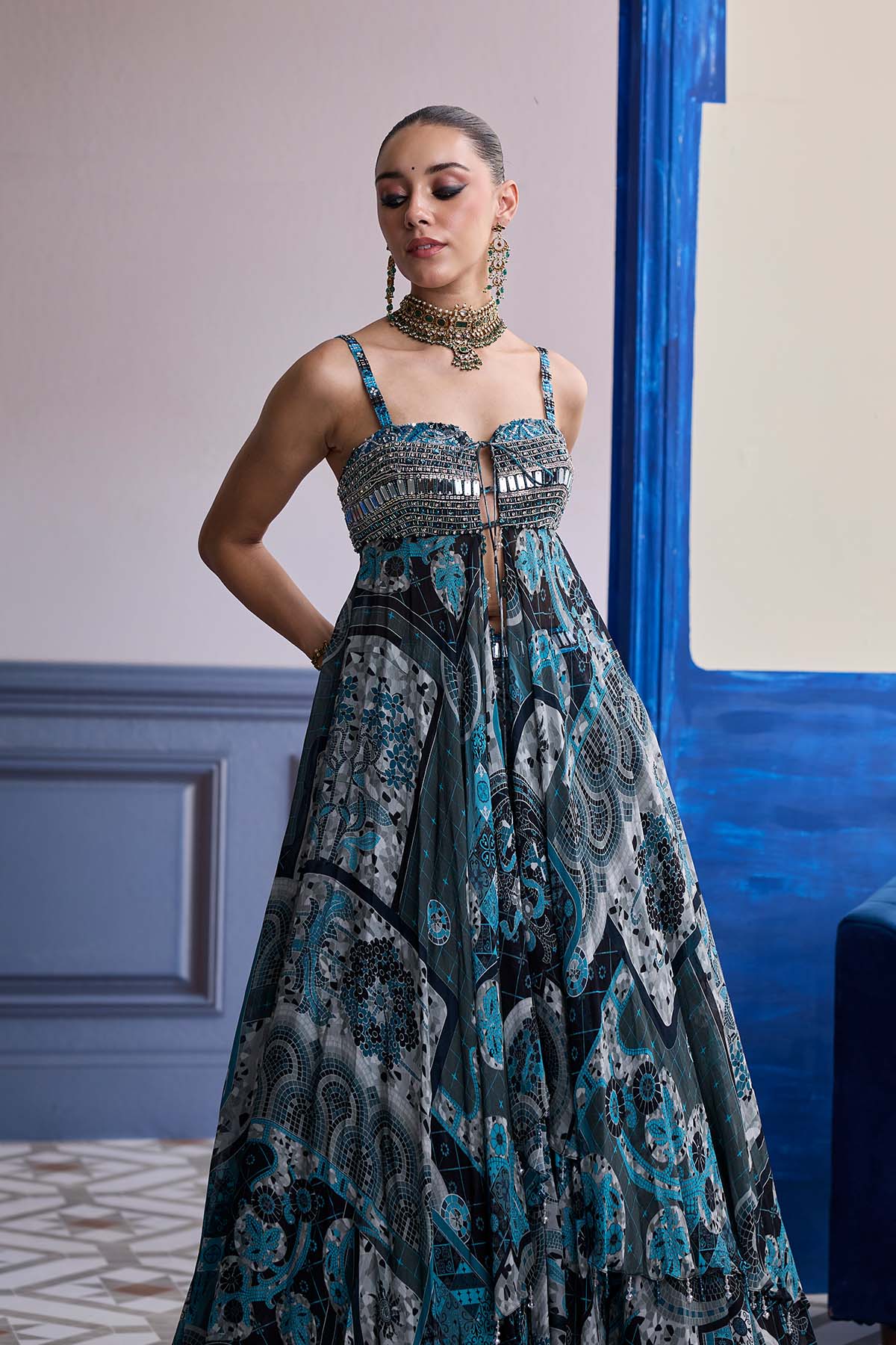 TEAL & BLACK MOSAIC TUNIC BLOUSE WITH PRINTED LEHENGA SET