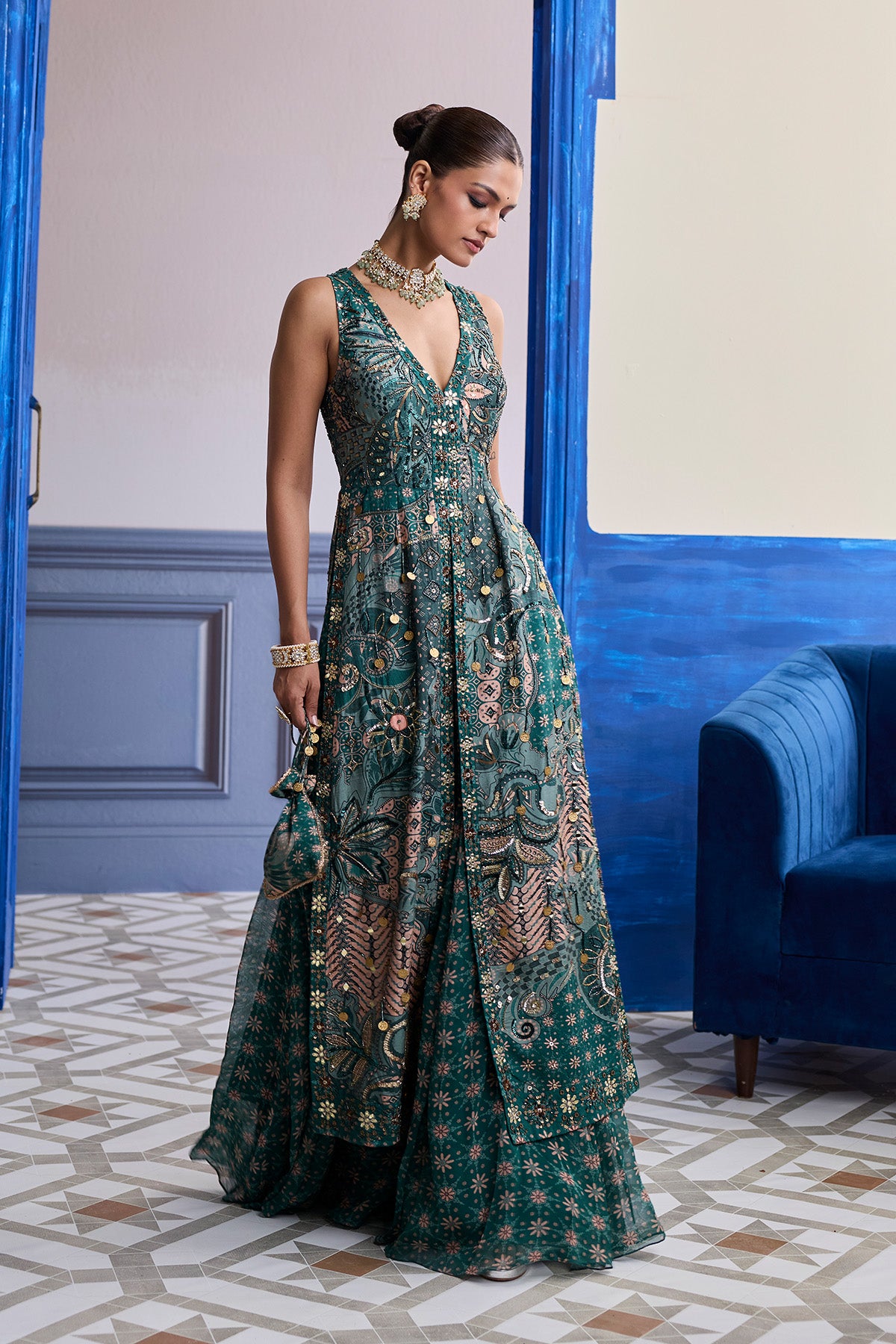 TEAL FLORAL V-NECK STRUCTURED KURTI WITH FLARED PANTS SET