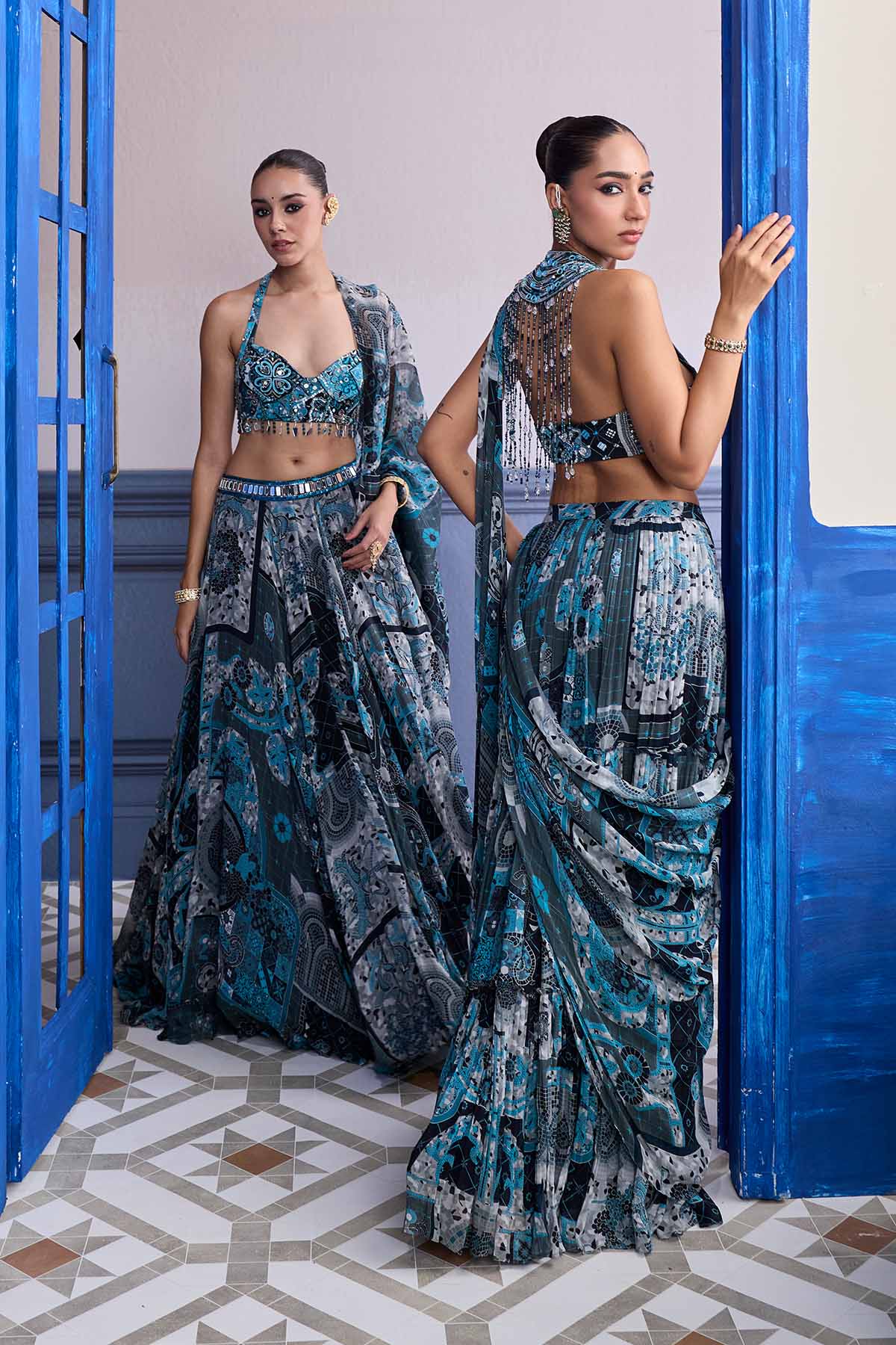 TEAL & BLACK MOSAIC HALTER BLOUSE WITH PRINTED LEHENGA & DUPATTA SET