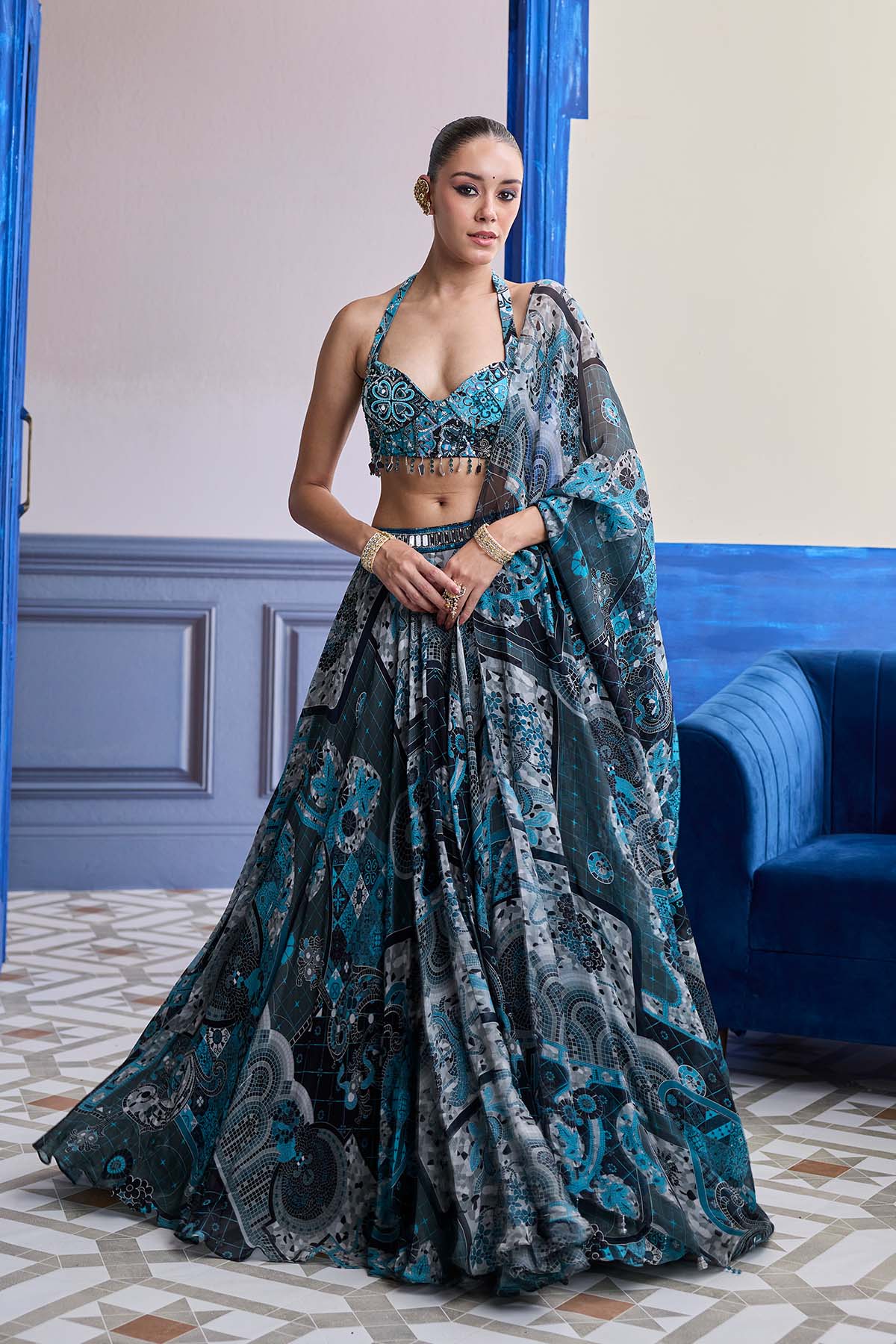 TEAL & BLACK MOSAIC HALTER BLOUSE WITH PRINTED LEHENGA & DUPATTA SET