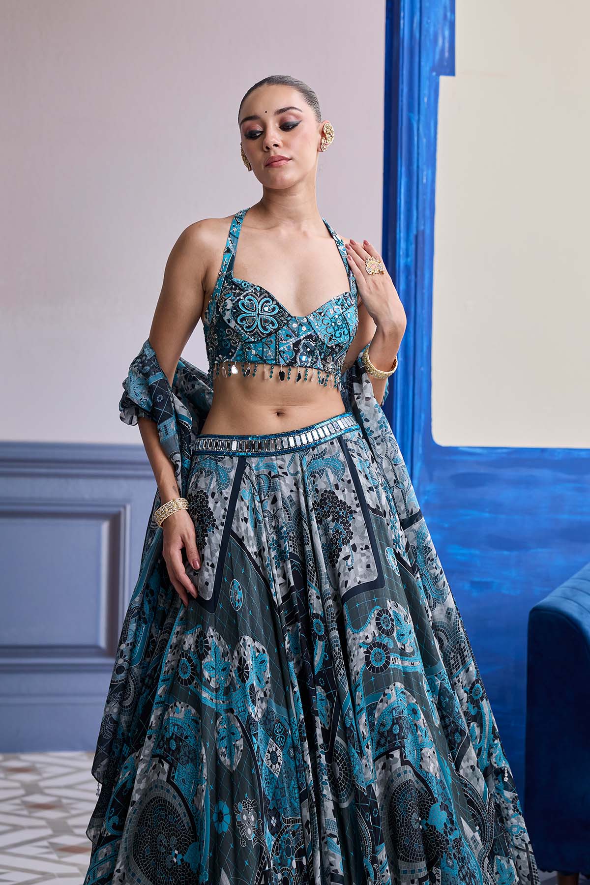 TEAL & BLACK MOSAIC HALTER BLOUSE WITH PRINTED LEHENGA & DUPATTA SET
