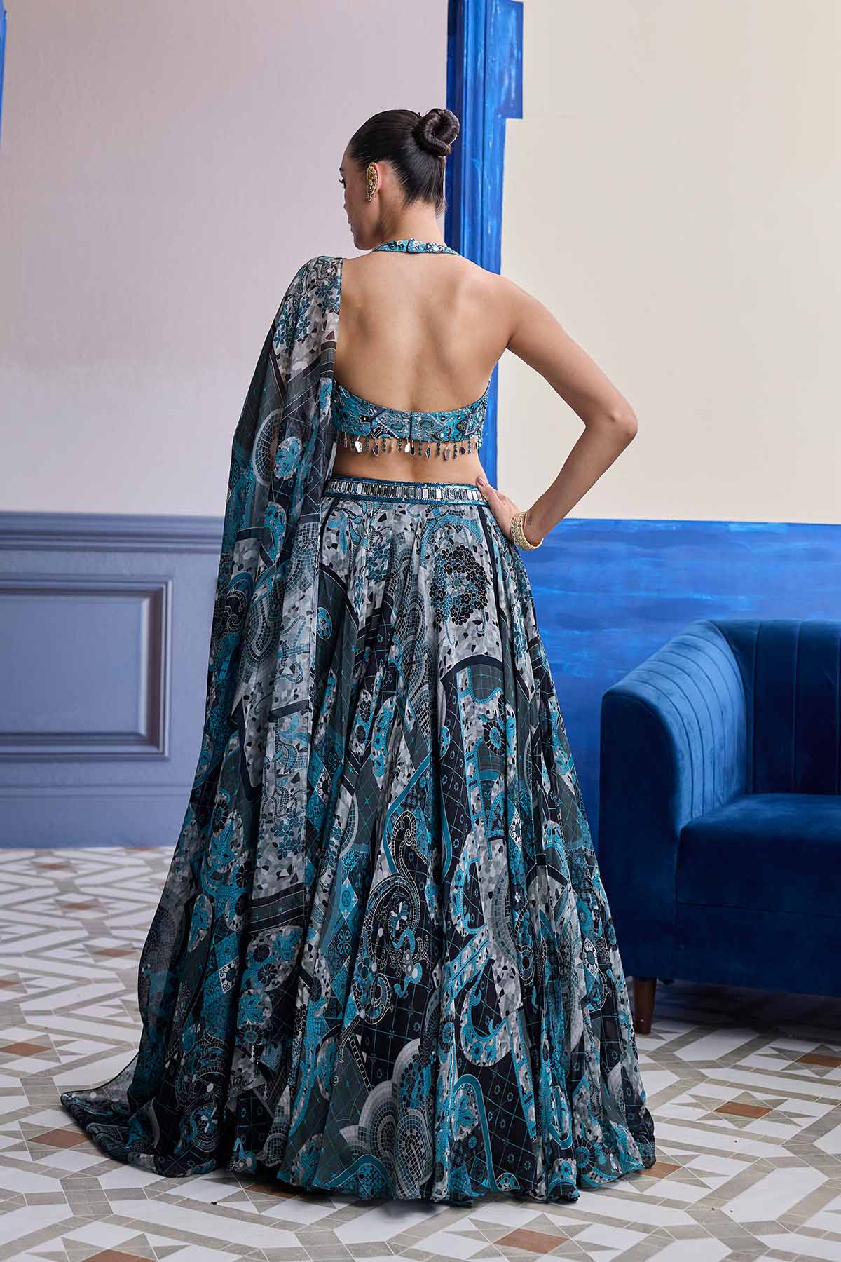 TEAL & BLACK MOSAIC HALTER BLOUSE WITH PRINTED LEHENGA & DUPATTA SET