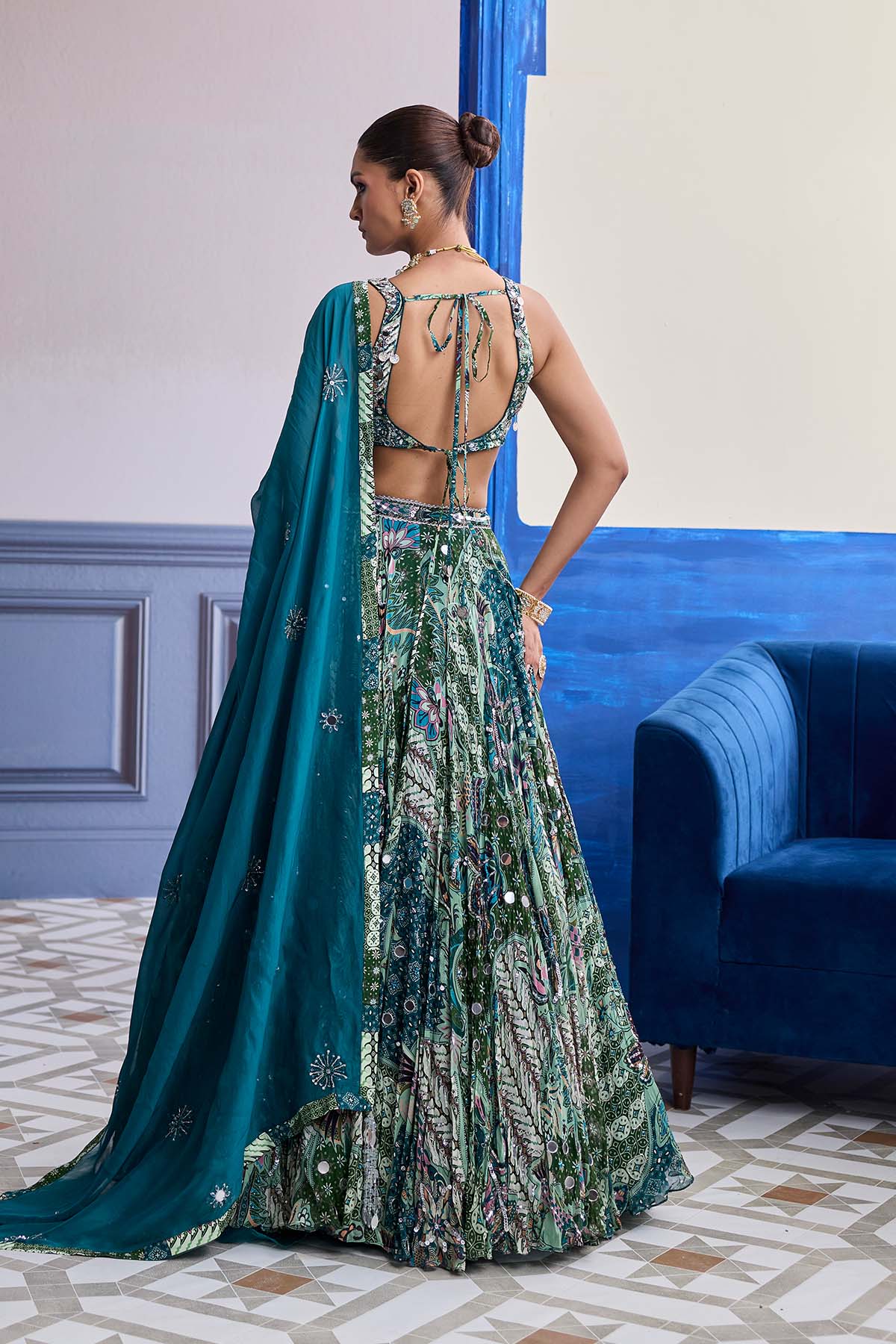 GREEN FLORAL BLOUSE WITH HIGHLIGHTED LEHENGA & EMBROIDERED DUPATTA SET