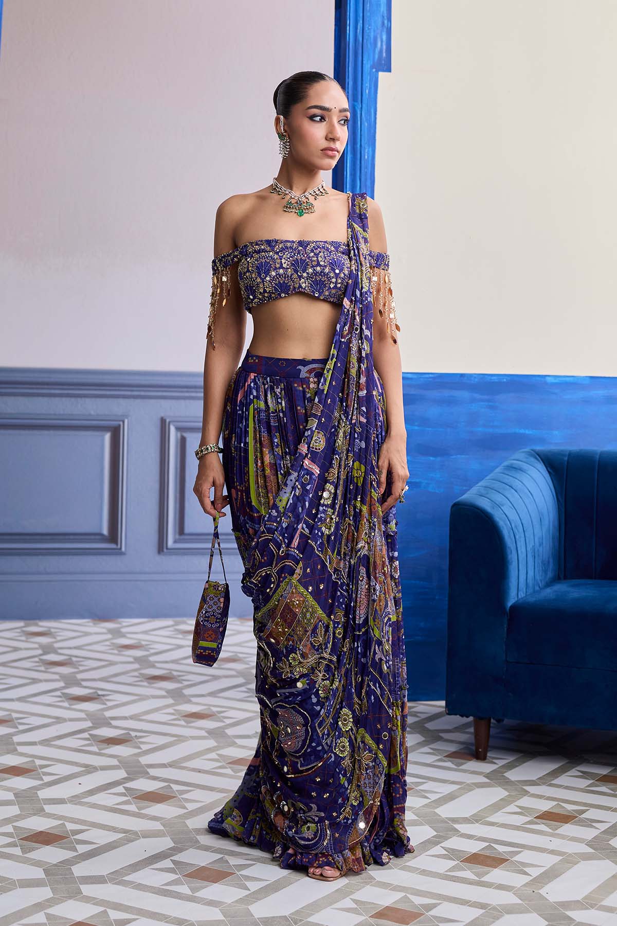 VIOLET MOSAIC OFF-SHOULDER BLOUSE WITH DRAPE TIERED SKIRT SAREE SET
