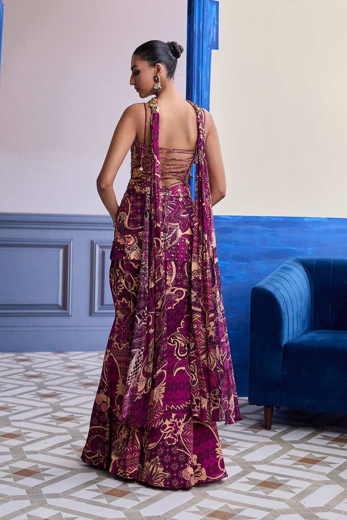 MAGENTA FLORAL STRUCTURED KURTI WITH BELL BOTTOM PANTS & CHOKER DUPATTA SET