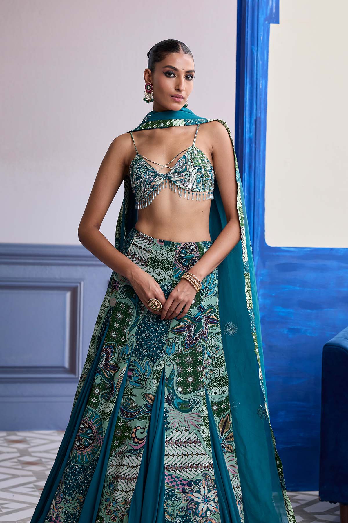 GREEN FLORAL BLOUSE WITH GODET SKIRT & EMBROIDERED DUPATTA SET